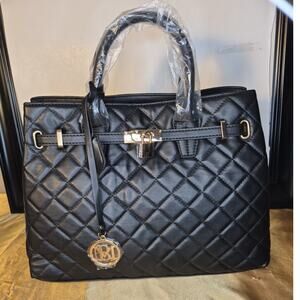 Badgley Mischka Studio Black Quilted Vegan Leather Handbag w Gold Hardware New